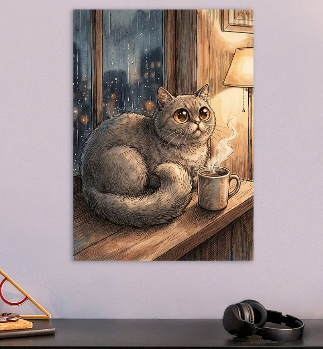 Cozy Cat by the Rainy Window — metal poster wall art by Lineer